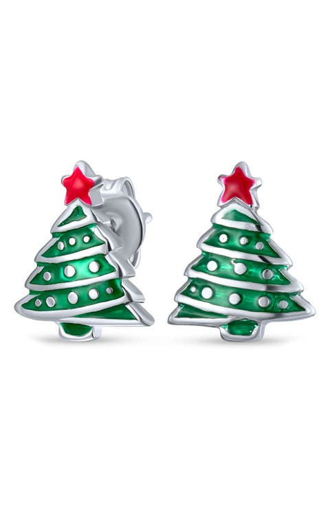 Sterling Silver Enamel Christmas Tree Stud Earrings