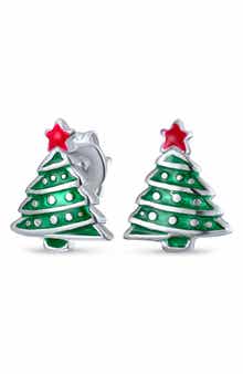 BLING JEWELRY Sterling Silver Enamel Christmas Tree Stud Earrings