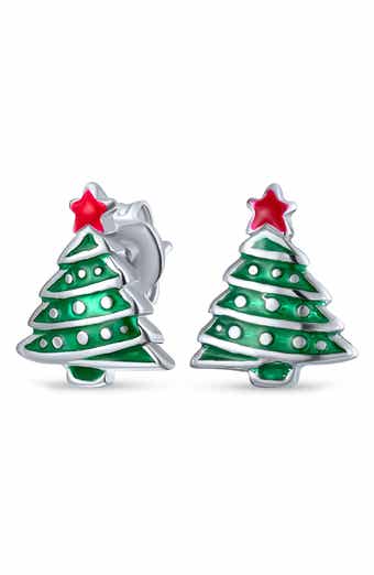 BLING JEWELRY Sterling Silver Enamel Christmas Tree Stud Earrings