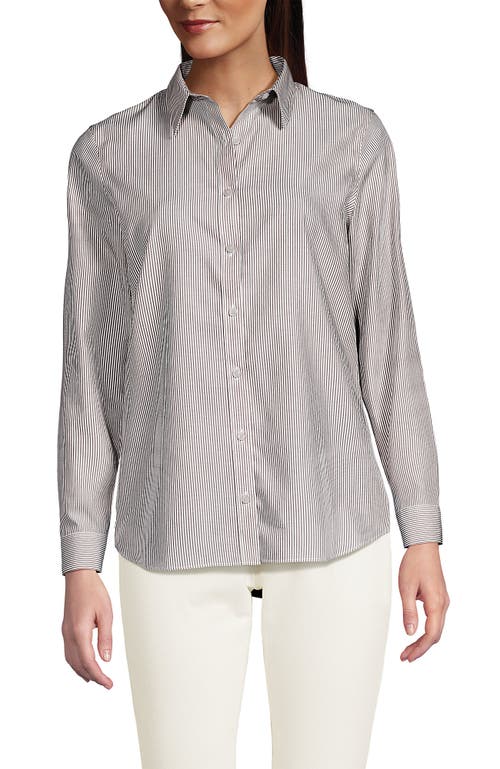 Lands' End No Iron Supima Cotton Long Sleeve Shirt In Dark Jute Brown Mini Stripe