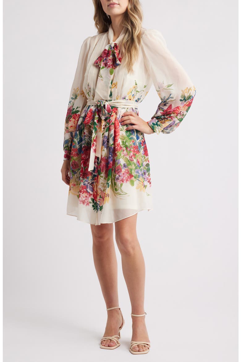 Floral Print Tie Neck Long Sleeve Dress, Main, color, IVORY MULTI