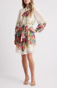 Julia Jordan Floral Print Tie Neck Long Sleeve Dress