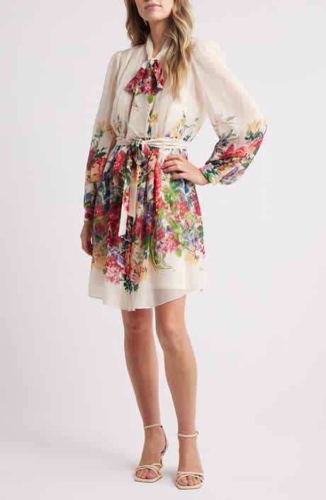 Julia Jordan Floral Print Tie Neck Long Sleeve Dress