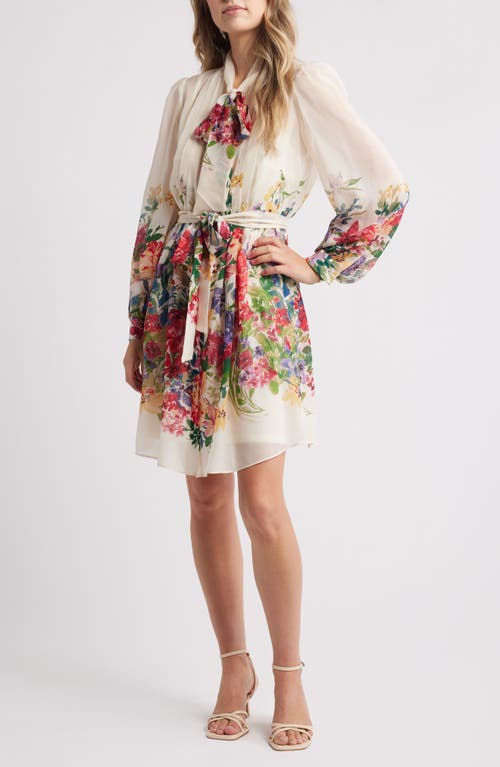 Julia Jordan Floral Print Tie Neck Long Sleeve Dress In Ivory Multi