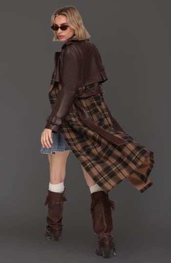 Plaid Faux Leather Trim Double Breasted Coat
