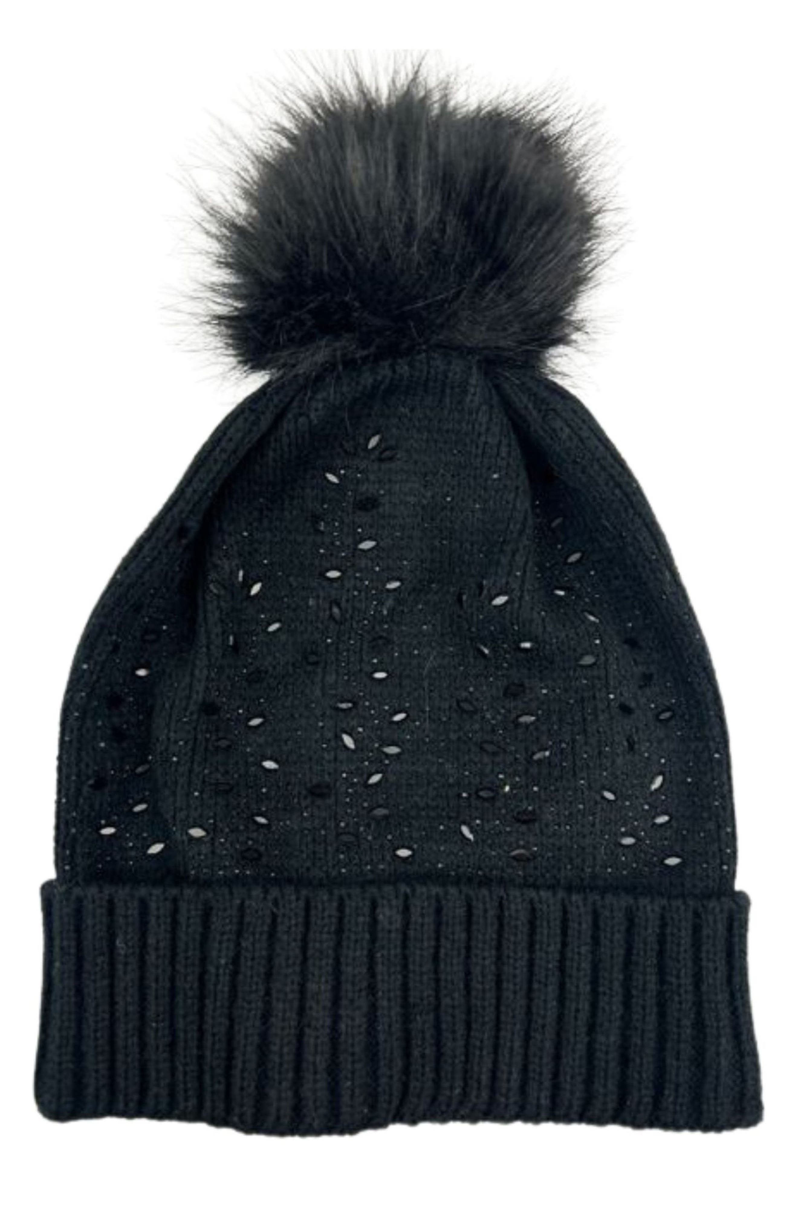 MARCUS ADLER Crystal Embellished Faux Fur Pompom Beanie