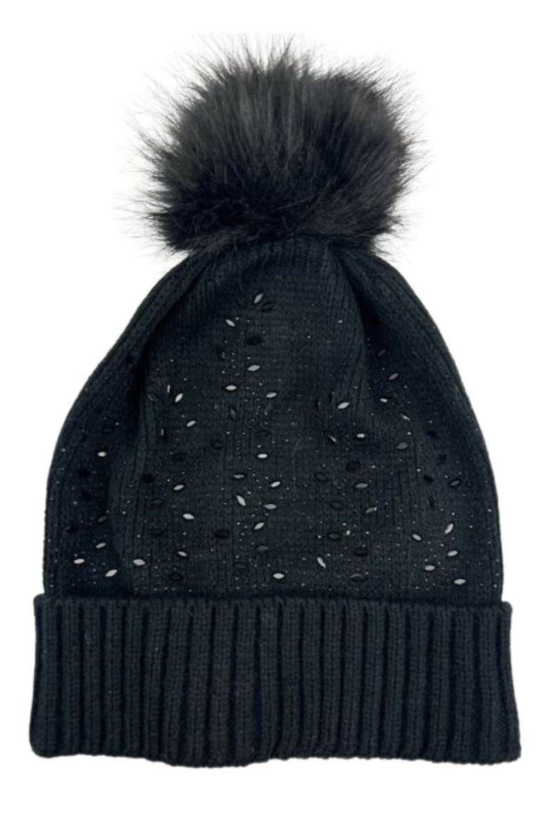 Crystal Embellished Faux Fur Pompom Beanie, Main, color, BLACK