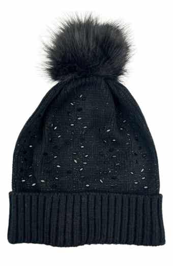 MARCUS ADLER Crystal Embellished Faux Fur Pompom Beanie