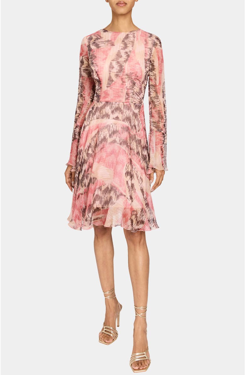 Santorelli RONI Long Sleeve Fit and Flare Dress in Printed Silk Chiffon, Main, color, Sweet Pea Multi