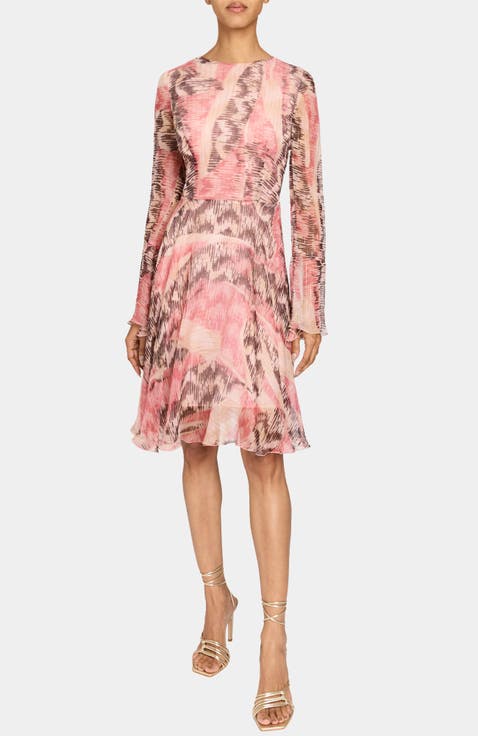 RONI Long Sleeve Fit and Flare Dress in Printed Silk Chiffon