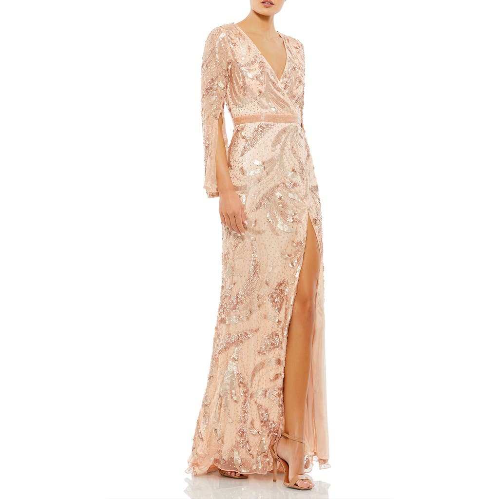 Mac Duggal Sequined Faux Wrap Split Long Sleeve Gown In Rose Gold