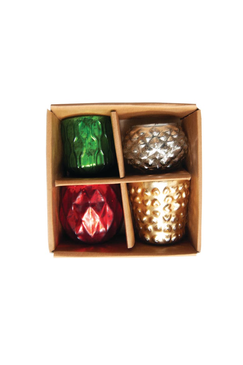 4-Piece Embossed Mercury Glass Tealight Holders, Multicolor, Main, color, Red