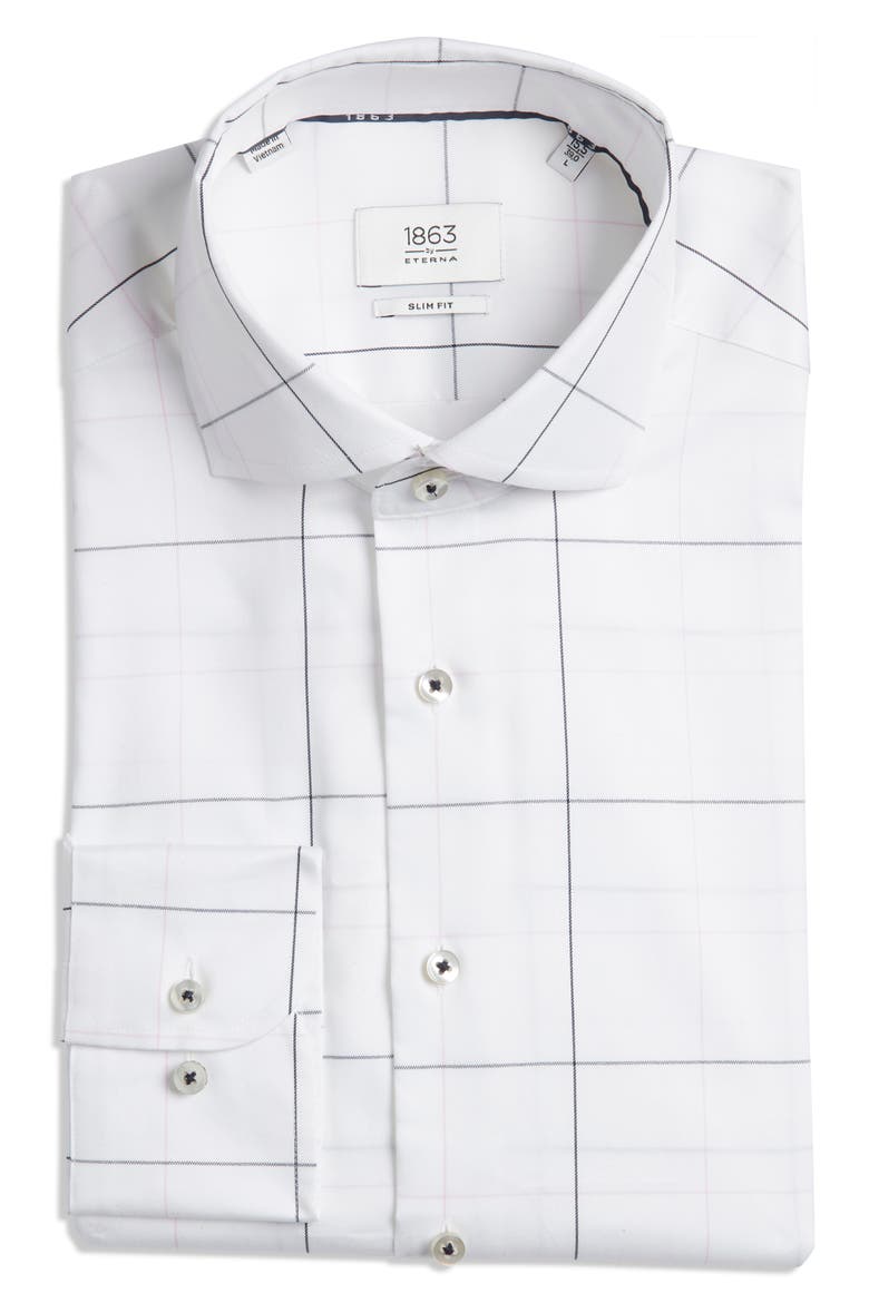Slim Fit Windowpane Check Non-Iron Cotton Twill Dress Shirt, Alternate, color, NAVY