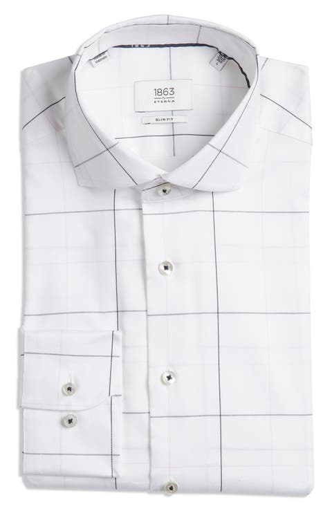 Slim Fit Windowpane Check Non-Iron Cotton Twill Dress Shirt