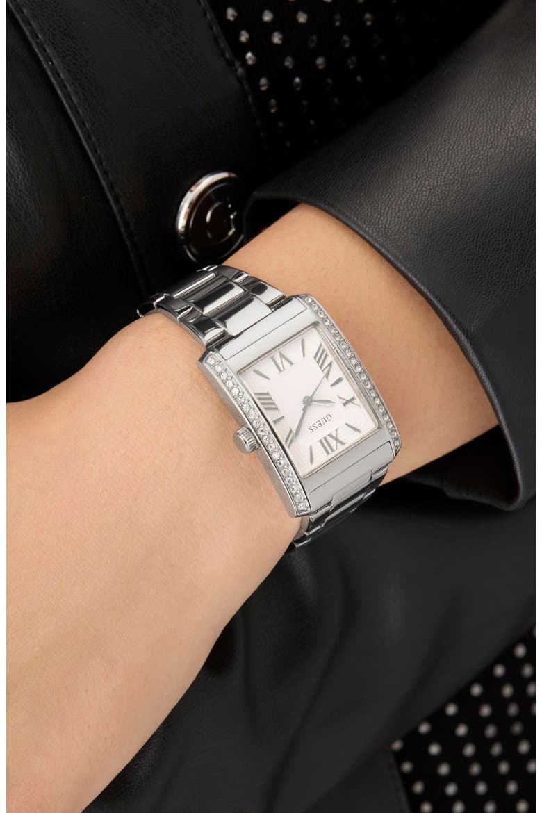 Bonnie Pavé Crystal Bezel Silvertone Bracelet Tank Watch, 27mm, Alternate, color, SILVER