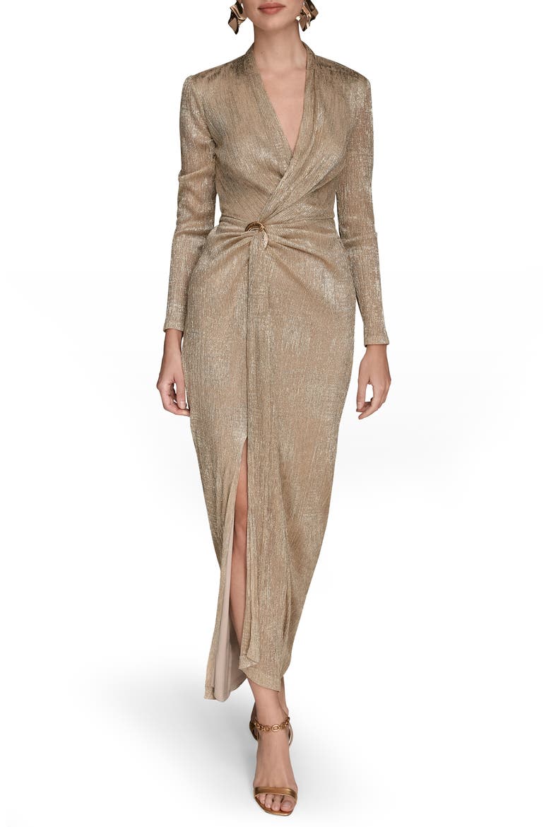 Metallic Side Slit Long Sleeve Gown, Main, color, GOLD