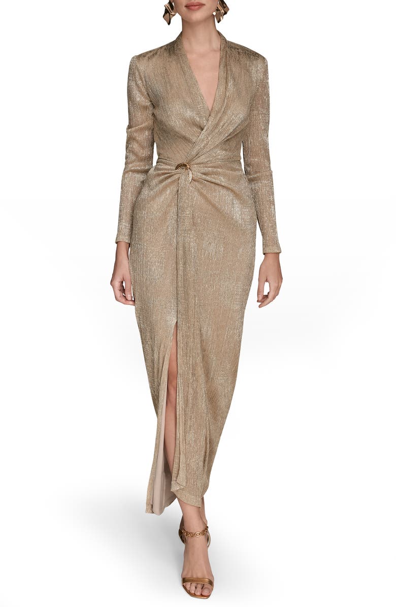 Donna Karan New York Metallic Side Slit Long Sleeve Gown, Main, color, Gold