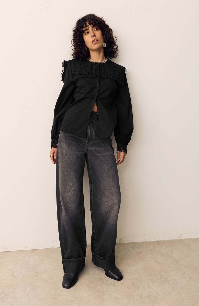 PER UNA BY M&S Broderie Collar Shirt, Alternate, color, Black