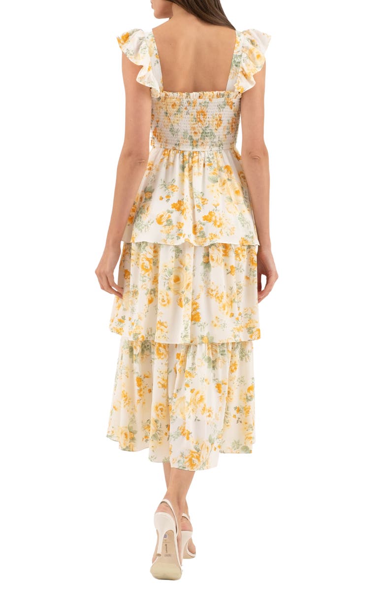AUGUST SKY Floral Tiered Midi Dress, Alternate, color, Yellow Multi