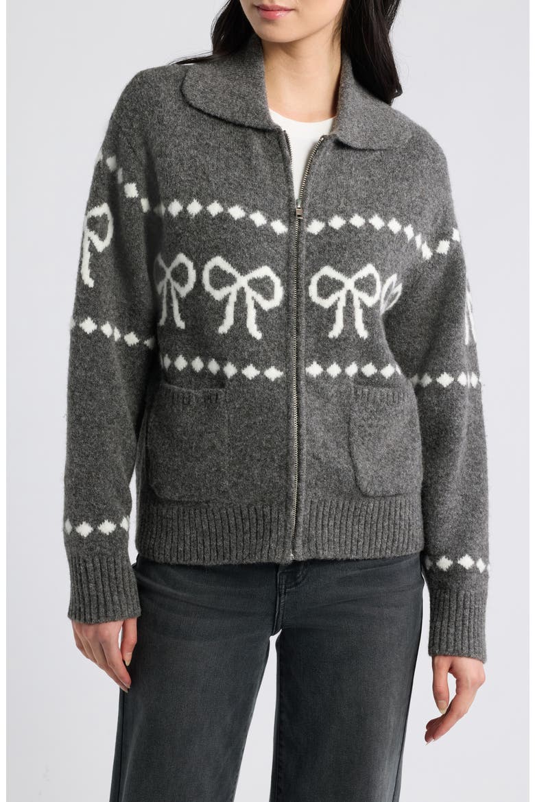 Rhea Bow Zip Cardigan, Alternate, color, CHARCOAL BOWS