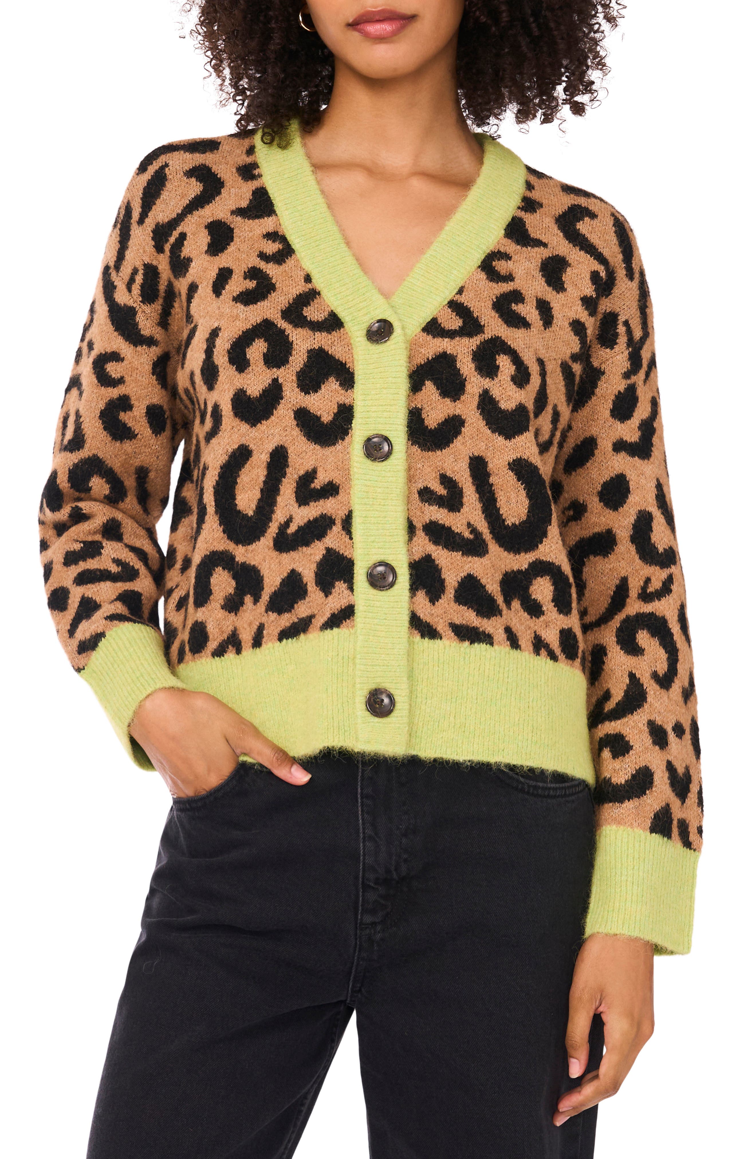 1.STATE Colorblock Trim Leopard Spot Cardigan