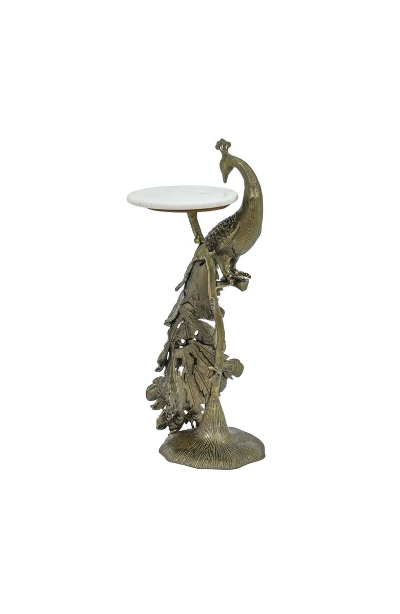 Expo Bazaar Brass Antique Side Table with Marble Top Peacock Sculpture Table, Alternate, color, Brass - 13X13.5x29.5"