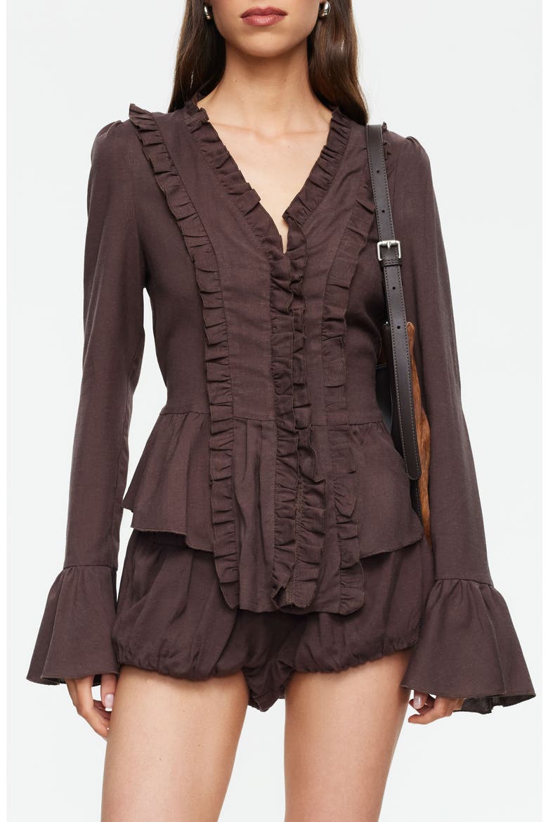 Odette Ruffle Bell Sleeve Tie Back Linen Blend Top, Main, color, BROWN