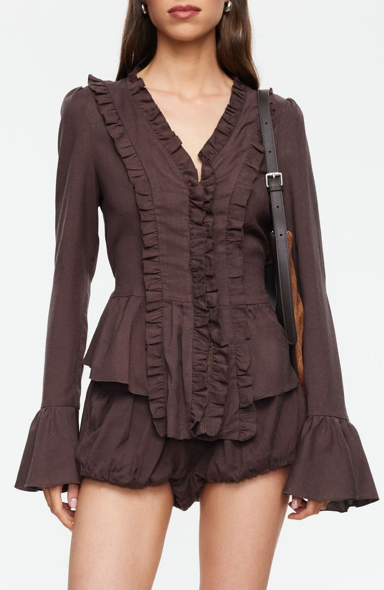 LIONESS Odette Ruffle Bell Sleeve Tie Back Linen Blend Top, Main, color, Brown