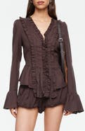 LIONESS Odette Ruffle Bell Sleeve Tie Back Linen Blend Top