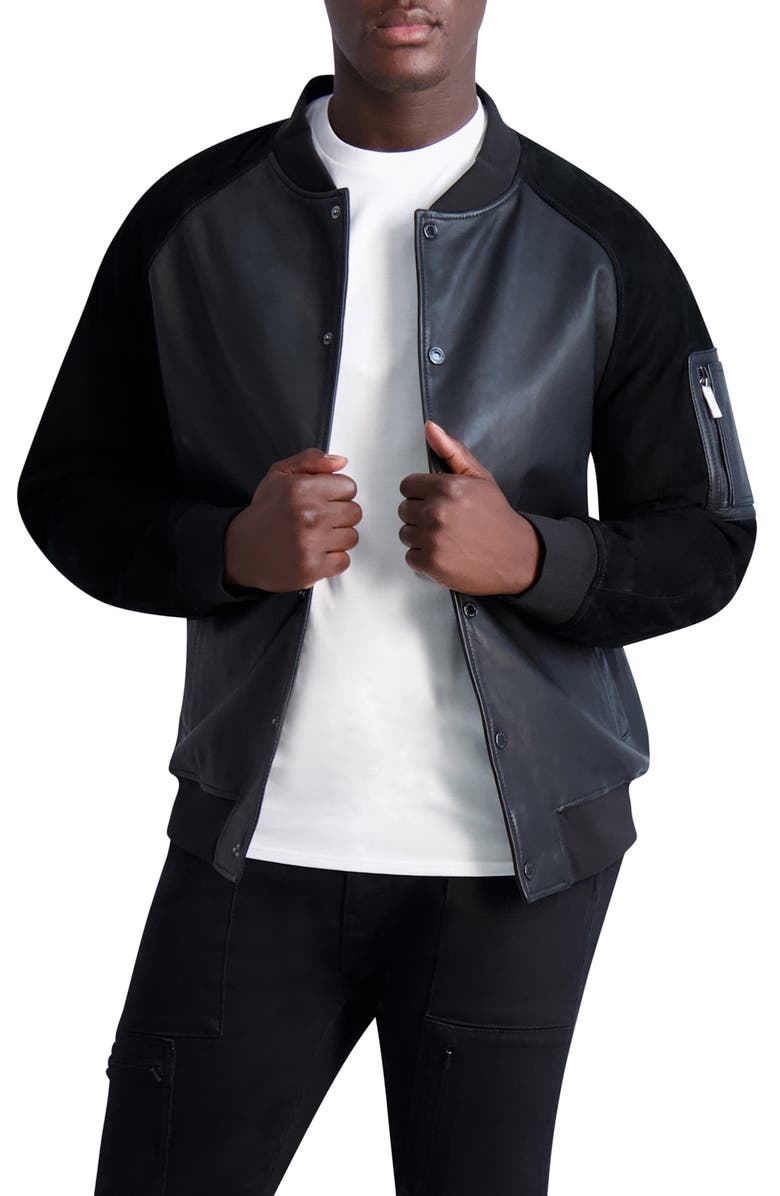 KARL LAGERFELD PARIS Leather & Suede Bomber Jacket, Main, color, 