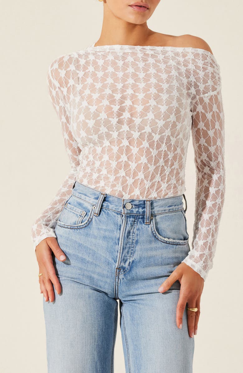 ASTR the Label One-Shoulder Long Sleeve Sheer Lace Top, Main, color, White