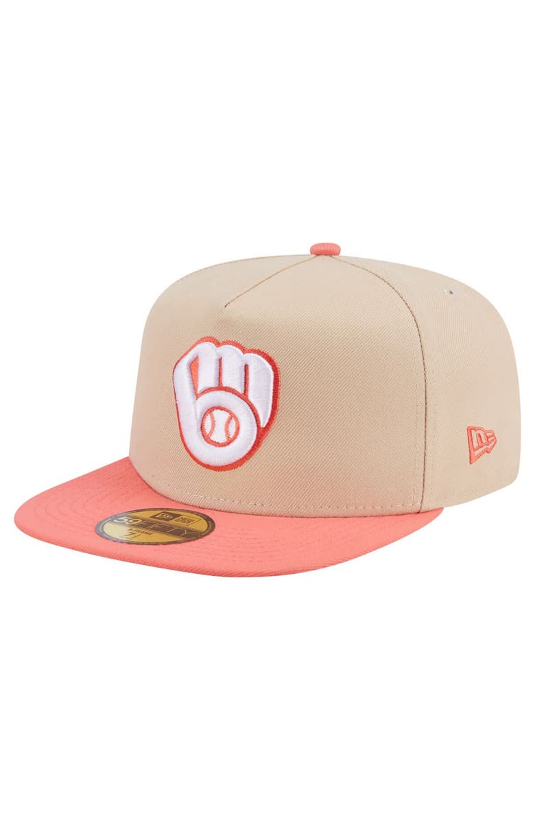 New Era Men's New Era Light Beige/Coral Milwaukee Brewers Two-Tone Color Pack A-Frame 59FIFTY Fitted Hat, Main, color, 