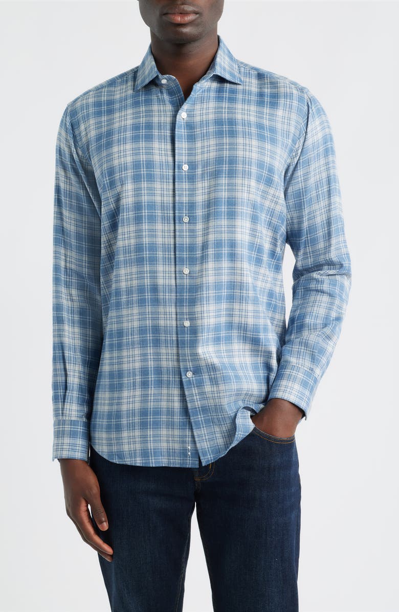Peter Millar Riccia Plaid Button-Up Shirt, Main, color, Rain Cloud