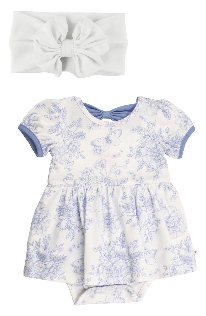 RuffleButts Butterfly Garden Toile Twirl Romper & Head Wrap Set, Main, color, 
