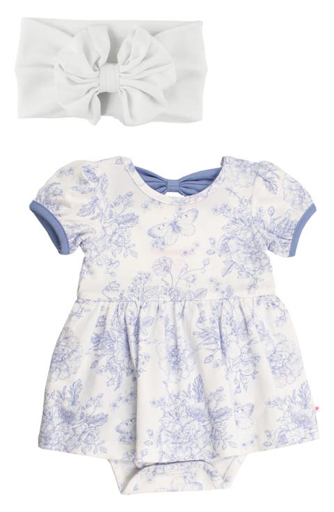 Butterfly Garden Toile Twirl Romper & Head Wrap Set (Baby)