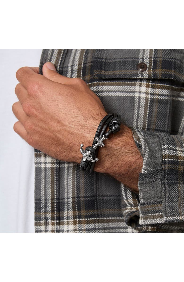 Lucky Brand Black Leather Anchor Wrap Bracelet with Adjustable Fit, Alternate, color, Black