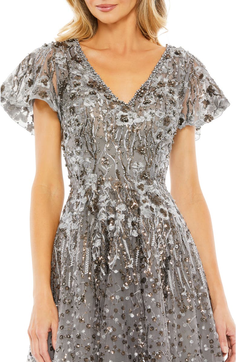 Mac Duggal Embellished Butterfly Fit and Flare Tea-Length Dress, Alternate, color, Gunmetal