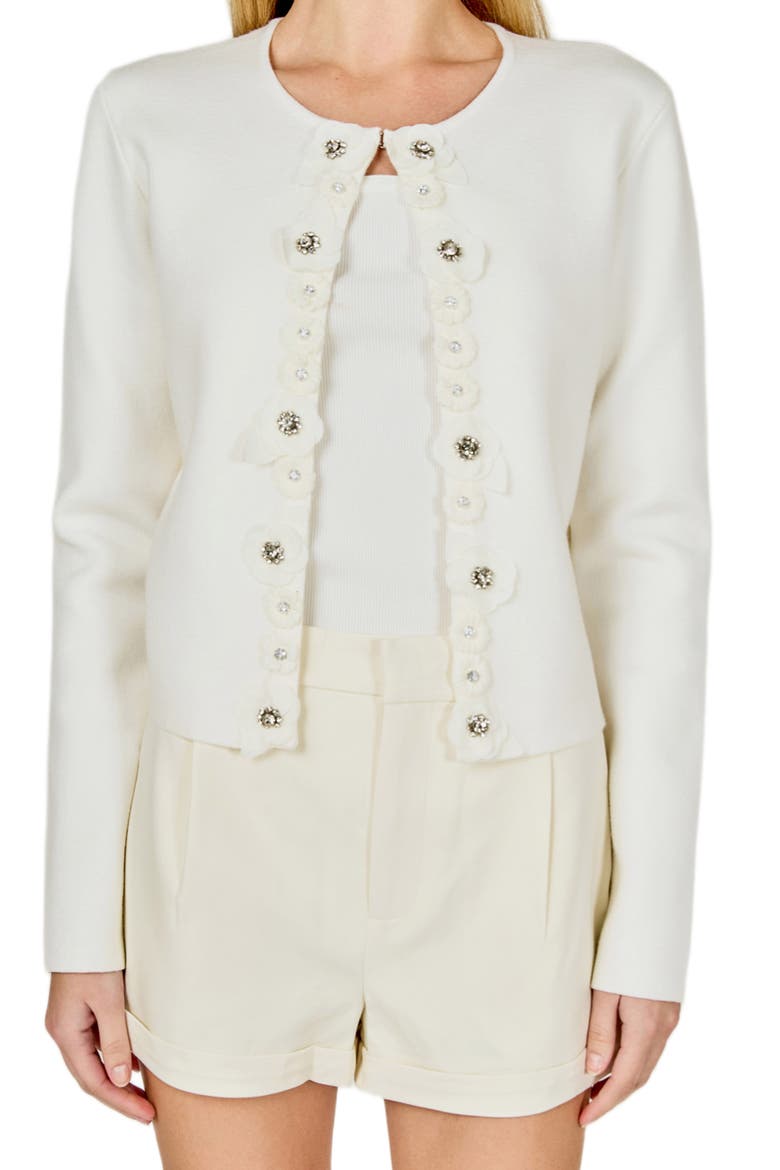 Embellished Floral Appliqué Cardigan, Main, color, OFF WHITE