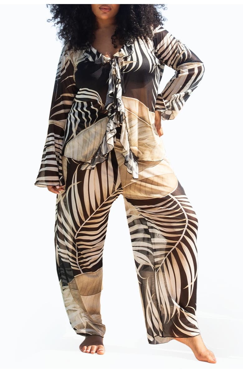 FASHION-SZN CURVE Curve Tonal Palm Print Ruffle Resort Top, Alternate, color, Black