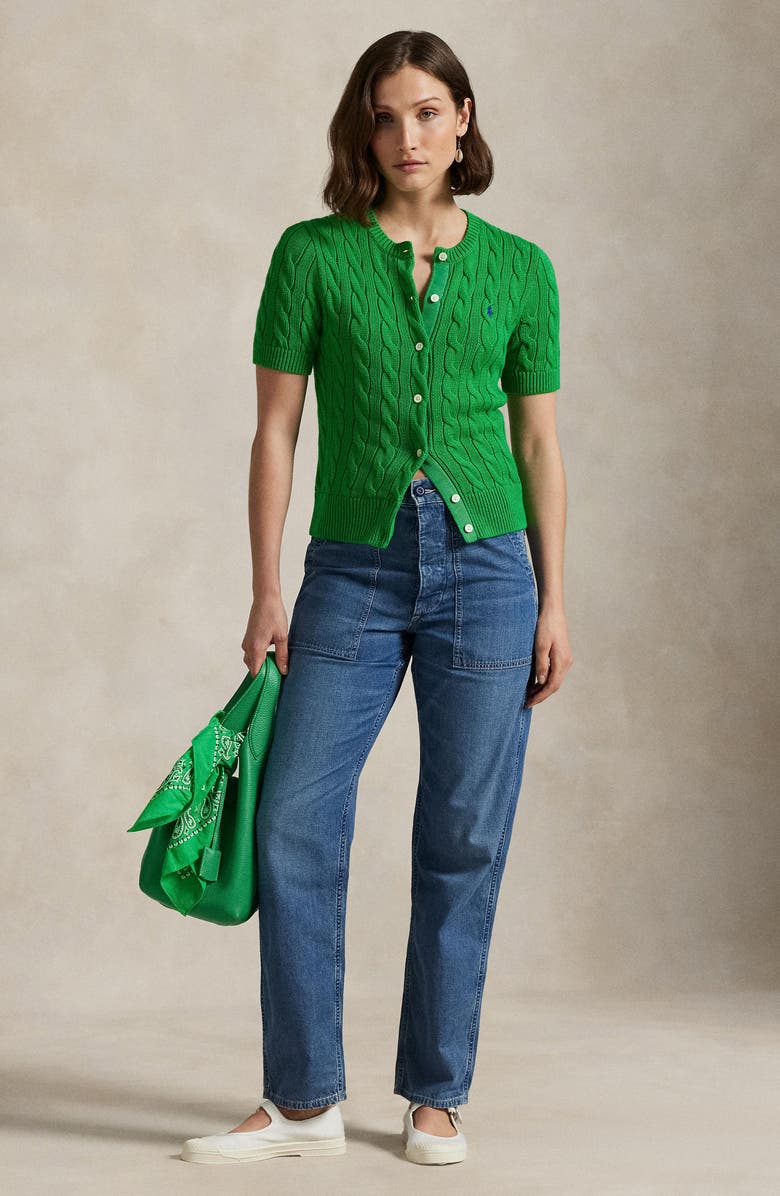 Polo Ralph Lauren Cable Stitch Short Sleeve Cotton Cardigan, Alternate, color, 