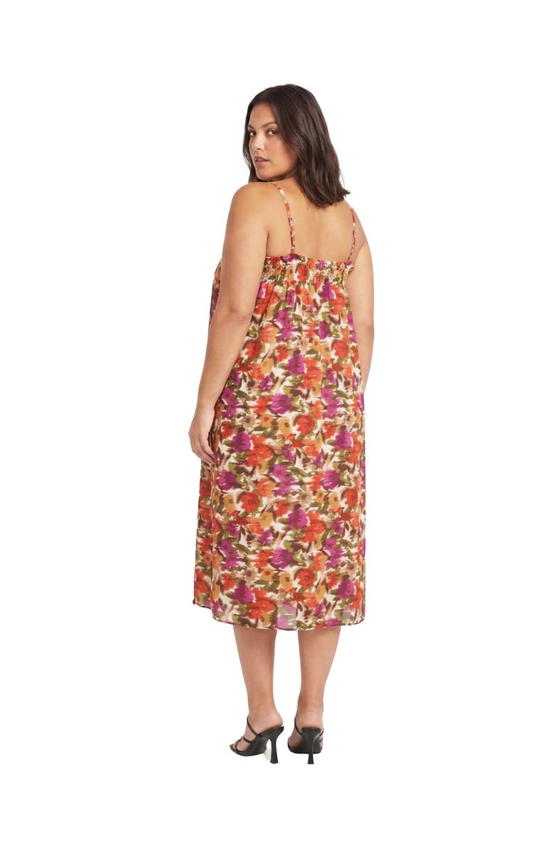 24seven Comfort Apparel Curvy Essential Abstract Print Spaghetti Strap Smocked Pocket A-Line Maxi Dress, Alternate, color, Red Multi