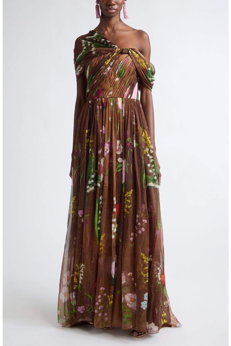 Floral One-Shoulder Silk Chiffon Gown, Main, color, BROWN MULTI