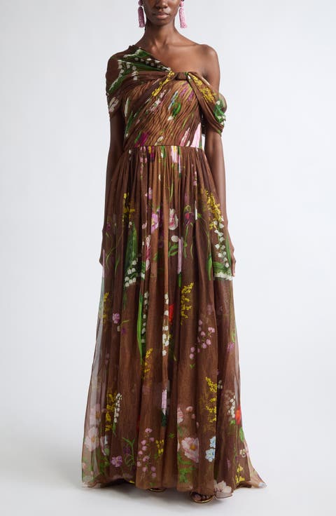 Floral One-Shoulder Silk Chiffon Gown