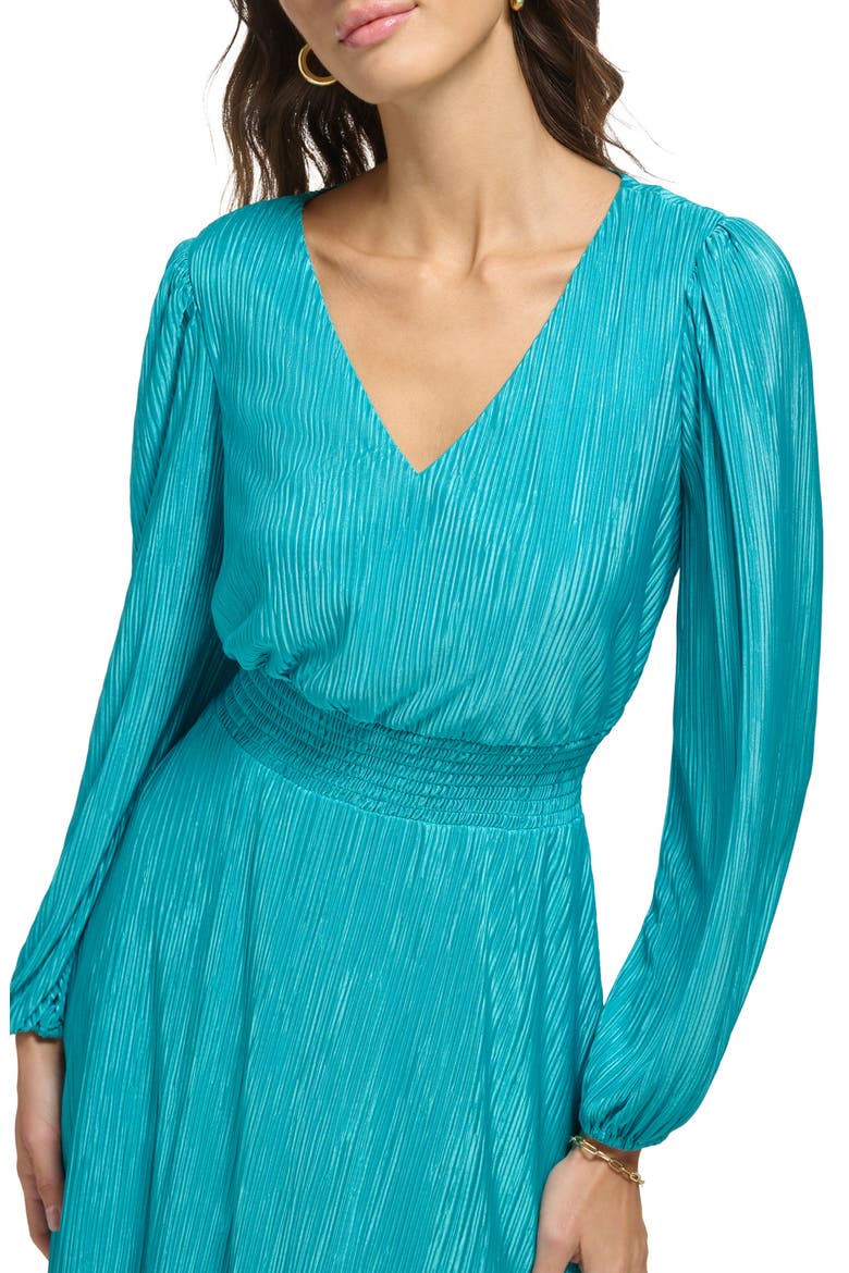 Pleated V-Neck Long Sleeve A-Line Dress, Alternate, color, LAGOON