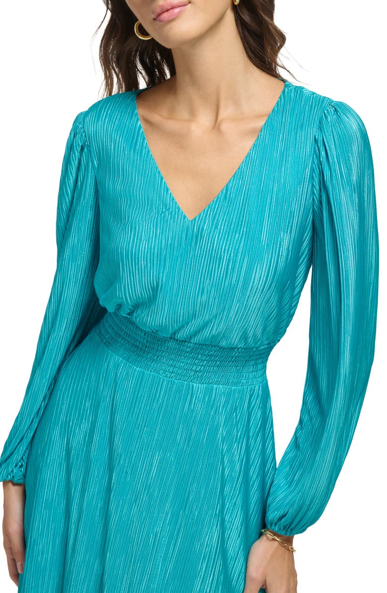 Kensie Pleated V-Neck Long Sleeve A-Line Dress, Alternate, color, Lagoon