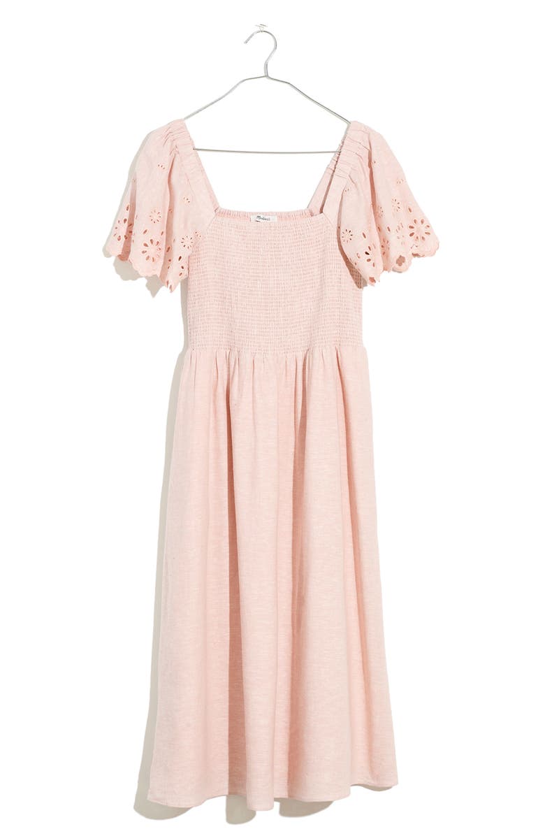 Madewell Lucie Eyelet Sleeve Smocked Linen Blend Midi Dress, Alternate, color, Wisteria Dove