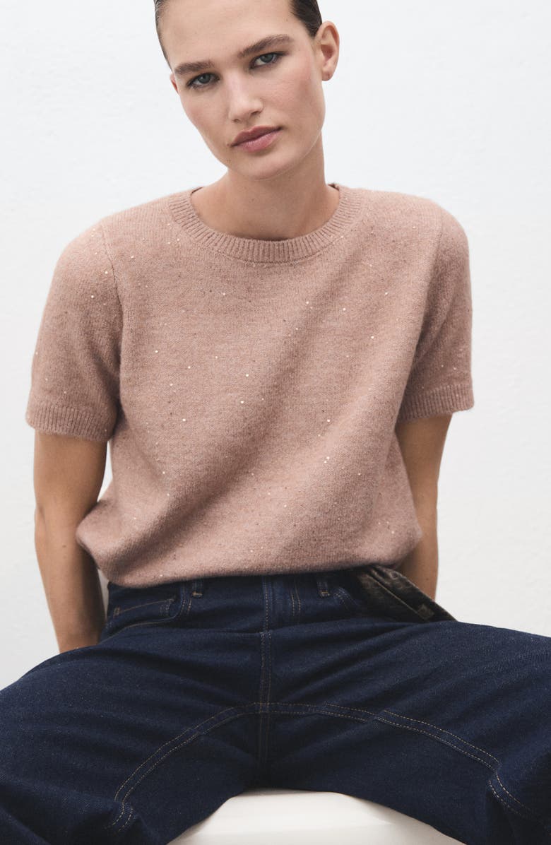 MANGO Metallic Short Sleeve Sweater, Alternate, color, Sand