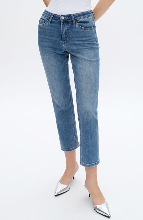 High Waist Ankle Straight Leg Jeans (Dark Blue)