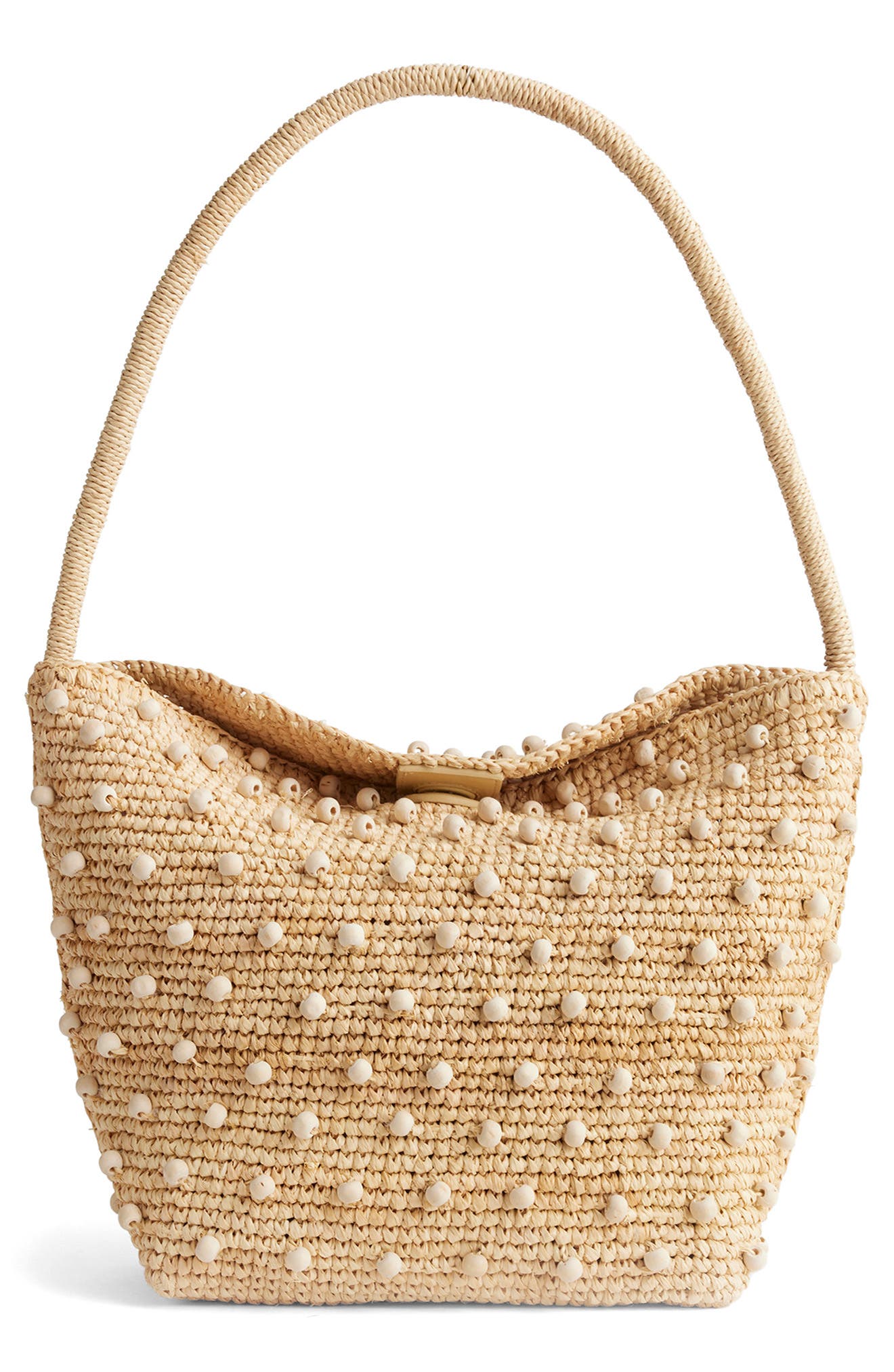 The Signature Woven Raffia Shoulder Bag, Main, color, NATURAL BEADED MULTI