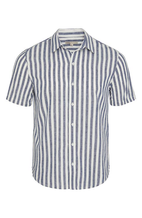 Stripe Short Sleeve Linen & Cotton Blend Button-Up Shirt
